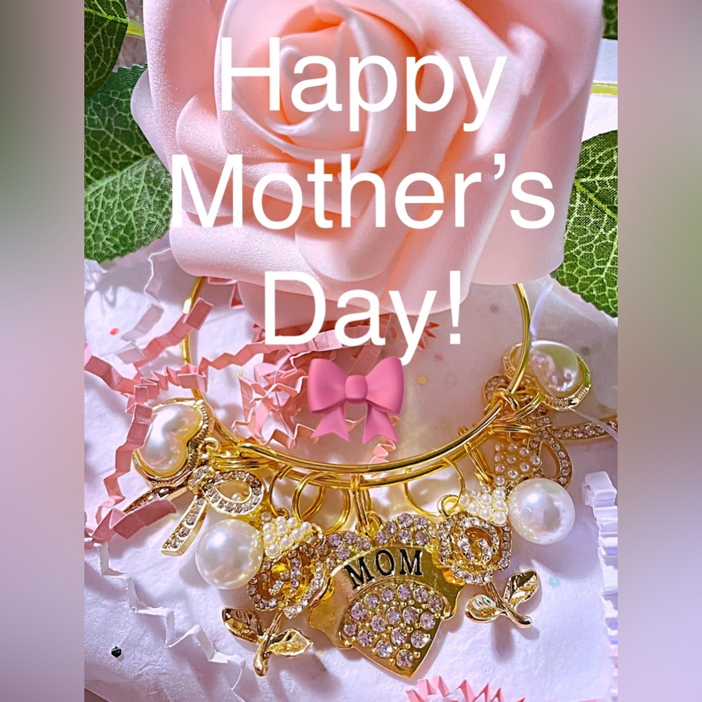 Mothers Day gold charm bangle bracelet with rhinestone charms,